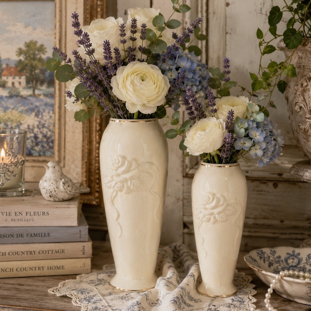 Vintage Lenox Ivory Rose Vases Pair Gold Trim French Country Decor